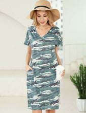 Casual Patterned Adjustable Pockets Short Sleeve V-Neck Women Knee T-Shirt Dress