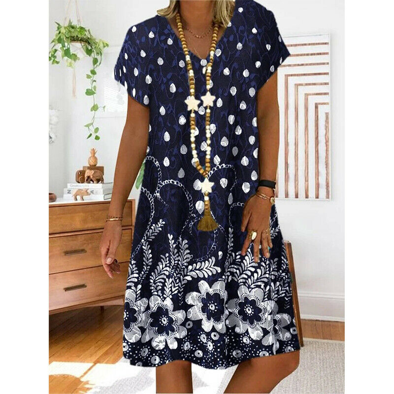Women Summer V Neck Short Sleeve Mini Dress Casual Floral Loose A-line Sundress
