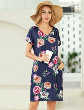 Casual Patterned Adjustable Pockets Short Sleeve V-Neck Women Knee T-Shirt Dress