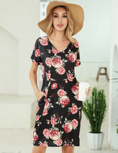 Casual Patterned Adjustable Pockets Short Sleeve V-Neck Women Knee T-Shirt Dress