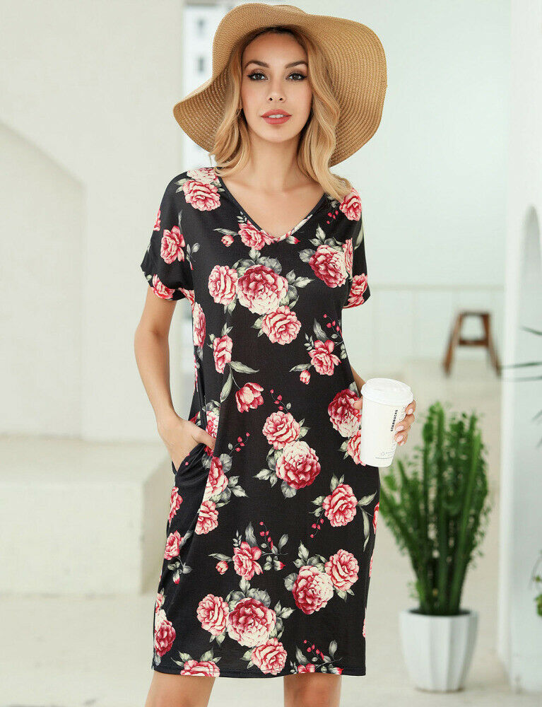 Casual Patterned Adjustable Pockets Short Sleeve V-Neck Women Knee T-Shirt Dress