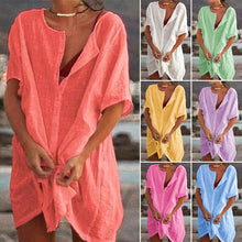 Women V Neck Cotton Linen Asymmetrical Loose Tunic Top T Shirt Blouse Mini Dress