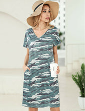 Casual Patterned Adjustable Pockets Short Sleeve V-Neck Women Knee T-Shirt Dress