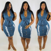 Women V Neck Jeans Denim Ripped Hole Waistband Slim Mini Bodycon Shirt Dress