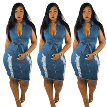 Women V Neck Jeans Denim Ripped Hole Waistband Slim Mini Bodycon Shirt Dress