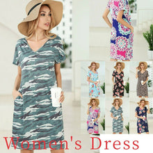 Casual Patterned Adjustable Pockets Short Sleeve V-Neck Women Knee T-Shirt Dress