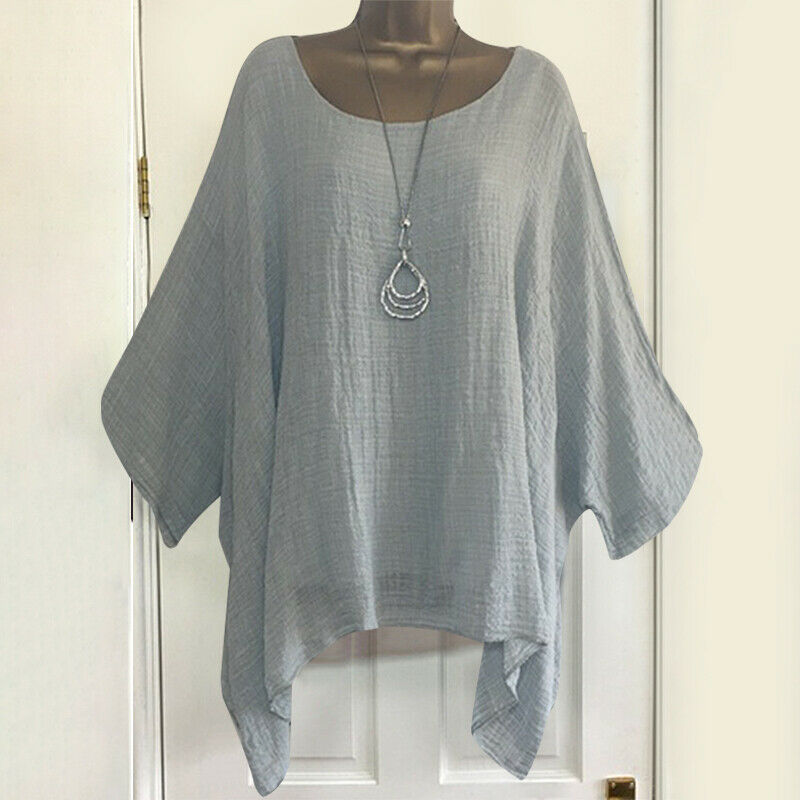 Women V Neck Cotton Linen Asymmetrical Loose Tunic Top T Shirt Blouse Mini Dress